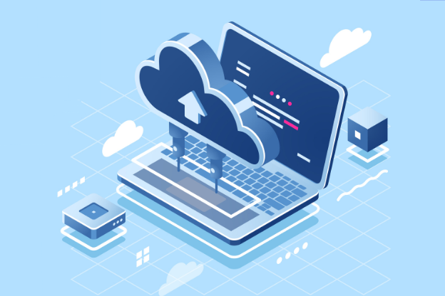 Laptop z chmurą obliczeniową i elementami sieci, symbolizujący Linuxa w chmurze i usługi cloud computing, w kontekście oferty Spark Academy.