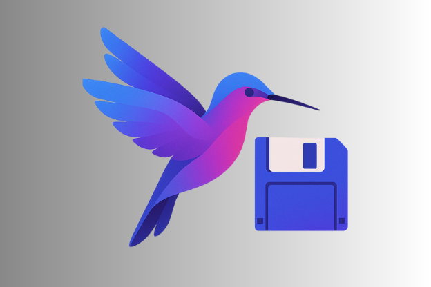 KolibriOS – ilustracja kolibra z dyskietką symbolizującą najmniejszy system operacyjny świata. Retro computing i nauka asemblera w Spark Academy.