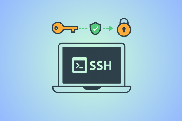 Tunelowanie SSH – alternatywa dla VPN. Grafika Spark Academy przedstawiająca laptop z napisem SSH i ikonami klucza, tarczy oraz kłódki symbolizującymi szyfrowanie i bezpieczeństwo
