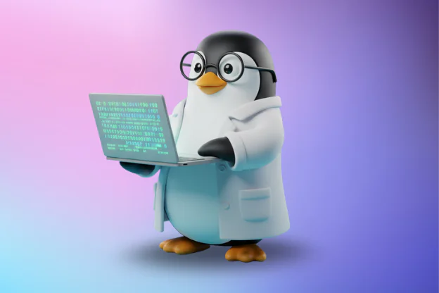 Pingwin Tux w roli profesora trzymający laptopa z kodem binarnym – symbol nauki i technologii w systemie Linux.