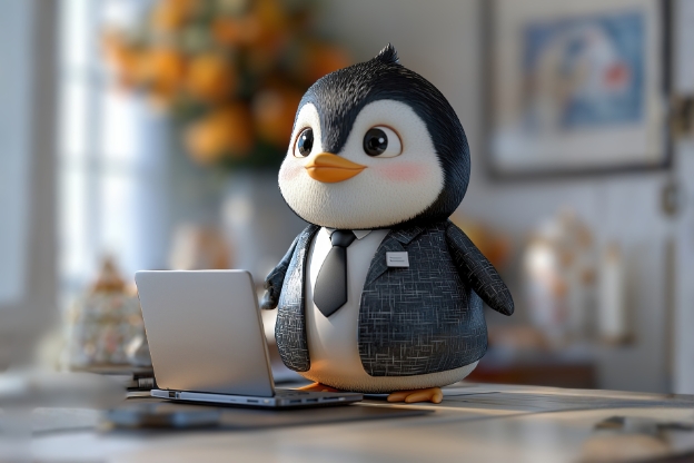 Pingwin Tux w garniturze pracujący przy laptopie – symbol firmowych szkoleń Linux w Spark Academy.