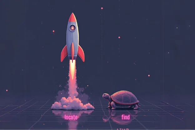 Ilustracja przedstawiająca porównanie locate i find w Linuxie – rakieta symbolizuje szybkość locate, a żółw wolniejsze działanie find.
