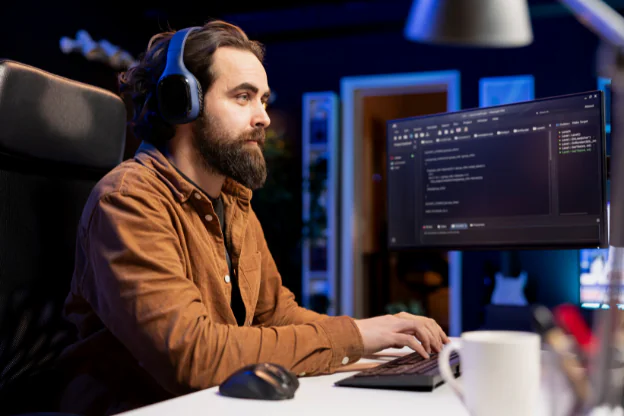 Programista pracujący na Linuxie, z kodem wyświetlonym na monitorze.