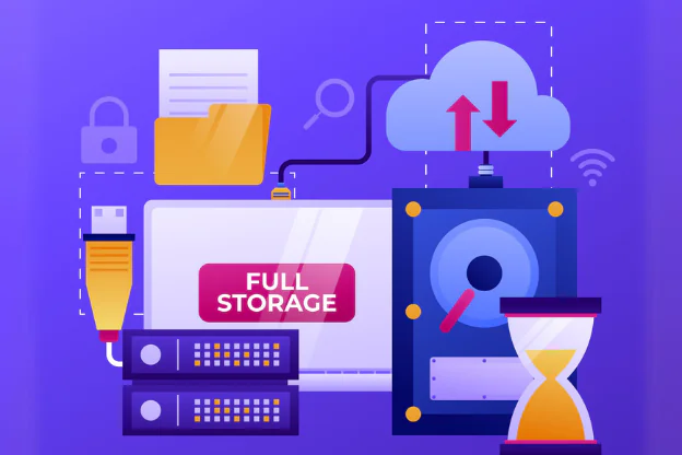Ilustracja przedstawiająca komputer z komunikatem „Full Storage” otoczony ikonami dysku, folderu, chmury, pendrive’a, serwerów i klepsydry. Symbolizuje brak miejsca na dysku i konieczność uporządkowania danych.