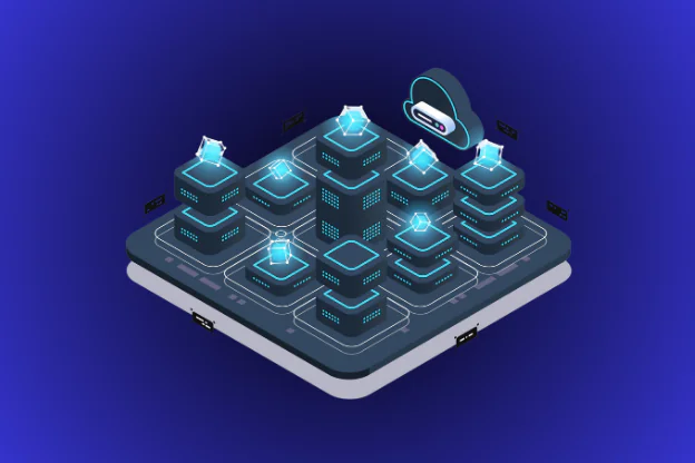 Ilustracja przedstawiająca nowoczesną infrastrukturę IT z serwerami i chmurą – symboliczne przedstawienie klastra Kubernetes.