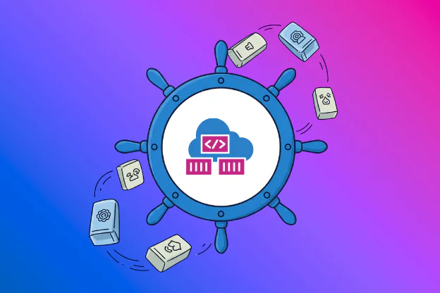 ter kierowniczy z ikoną chmury i kontenerów – symbol zarządzania aplikacjami w Kubernetes