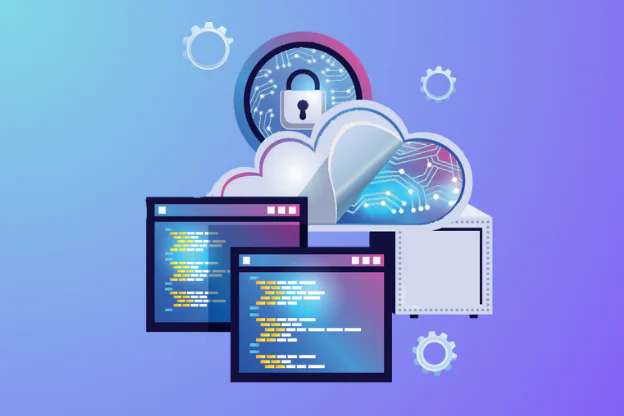 Ilustracja przedstawiająca cyfrowe bezpieczeństwo i przetwarzanie w chmurze, z widocznymi ikonami koła zębatego, chmury z wbudowanym obwodem elektronicznym, kłódką symbolizującą szyfrowanie oraz otwartymi oknami kodu programistycznego na pierwszym planie. Grafika symbolizuje technologie IT i bezpieczeństwo danych, które są kluczowe w nowoczesnych kursach oferowanych przez Spark Academy.