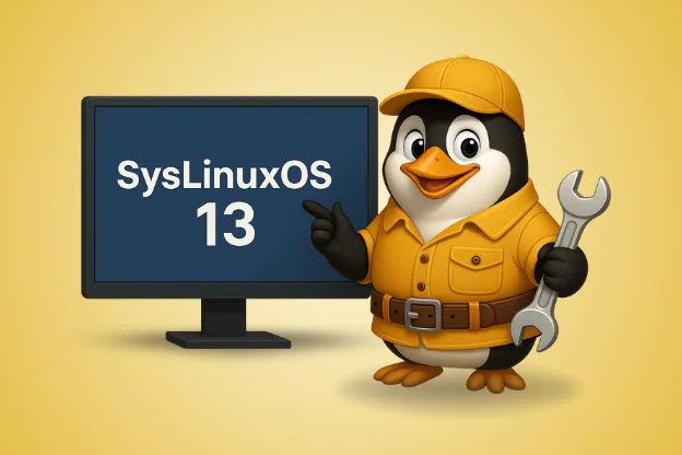 Ilustracja SysLinuxOS 13 – pingwin administrator systemu pokazuje na ekranie z napisem SysLinuxOS 13, tło w kolorze żółtym.
