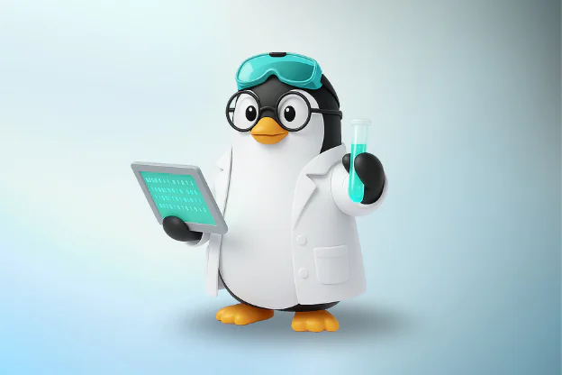 Pingwin Tux w fartuchu laboratoryjnym z tabletem i probówką, przedstawiający naukowca korzystającego z Linuxa w badaniach.