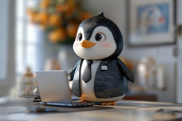 Pingwin Tux w garniturze pracujący przy laptopie – symbol firmowych szkoleń Linux w Spark Academy.